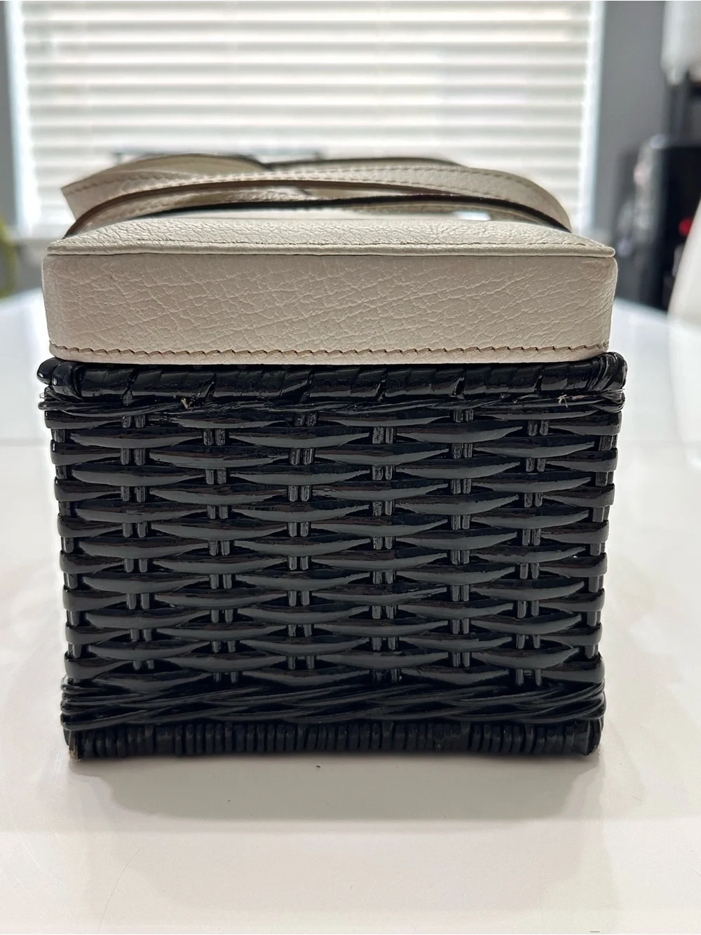 Vintage Kate Spade Black Wicker Basket Bag Top Handle Cream Leather Trim